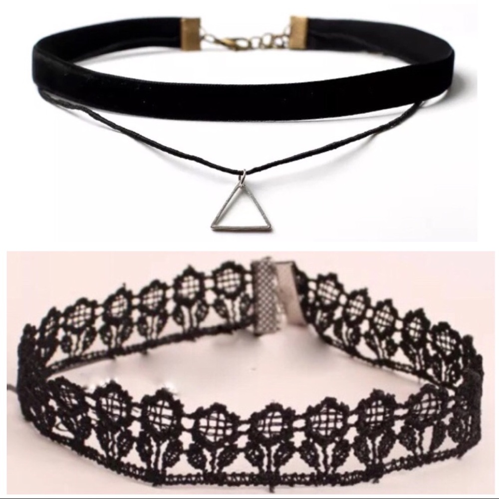 2 Choker Bundle Floral Lace Velvet Silver Triangle Pendant Necklace